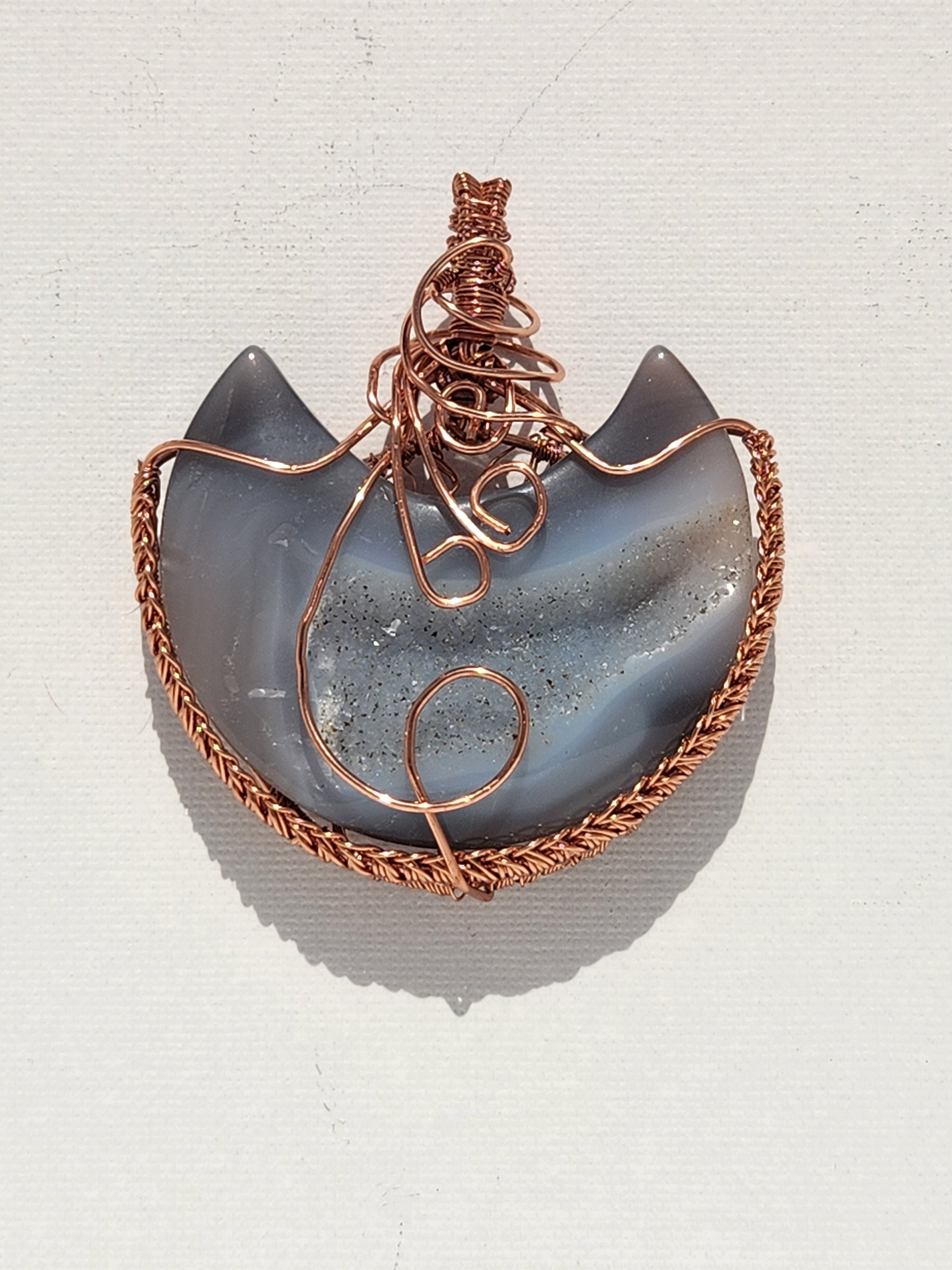 Moon Daughter - The Hidden Crescent               Blue Agate Druzy Crescent Moon Pendant – Copper Wire Wrapped Lunar Necklace | Daughter of the Moon Collection